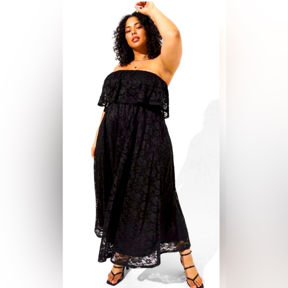 Torrid Maxi Lace Strapless Ruffle Dress Black NWT New 0